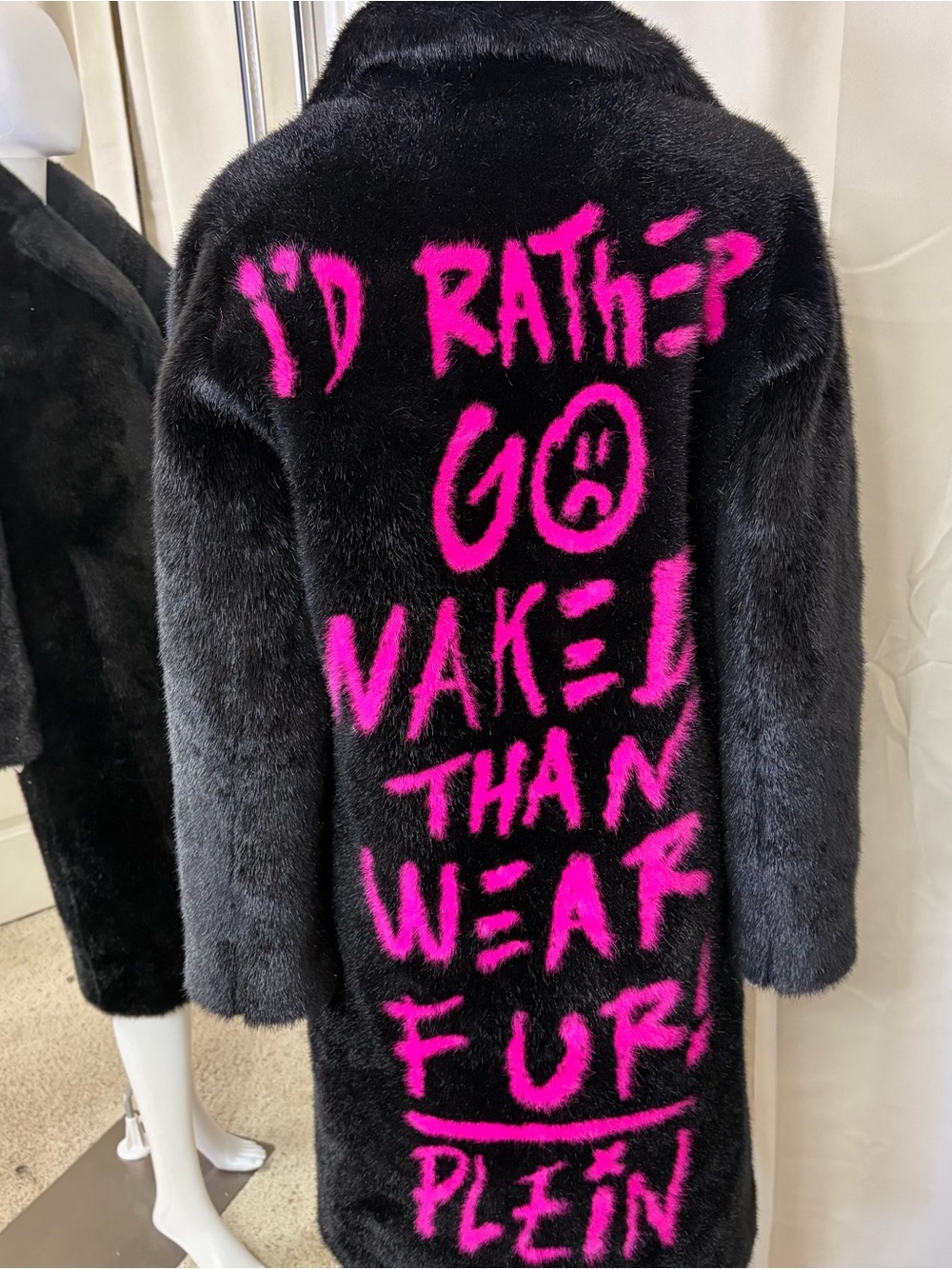 Philipp Plein Black Faux Fur Coat with Hot Pink Graffiti Back